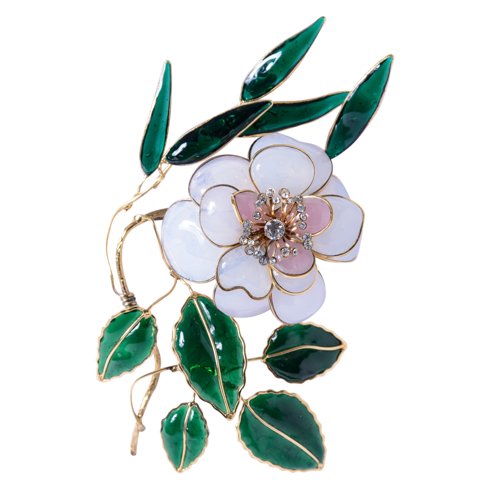 Chanel Maison Gripoix 1950’s Pink Glass Camellia Flower Brooch
