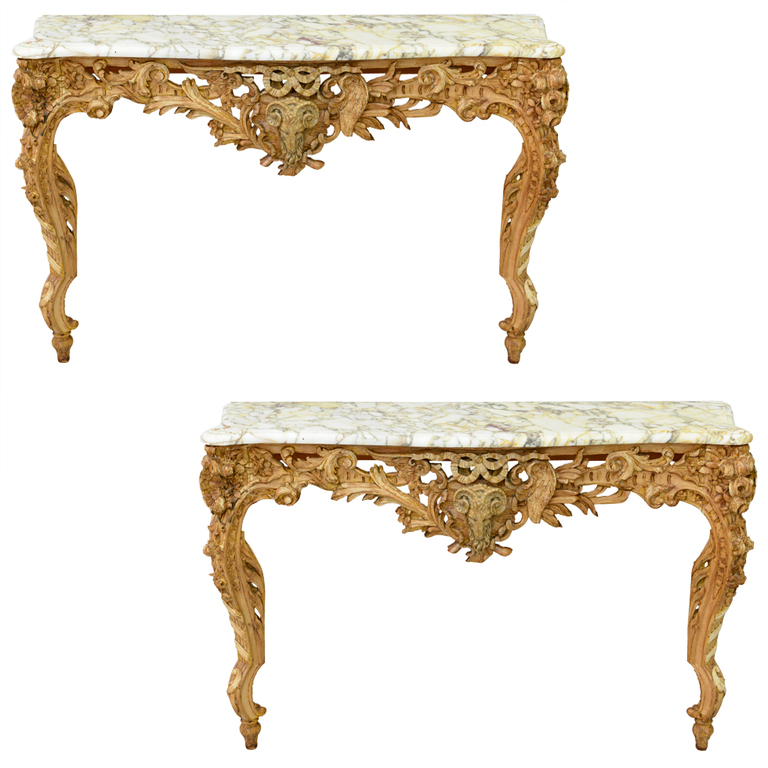 Pair of Carved Antique Console Tables with Marble Tops : On Antique Row ...