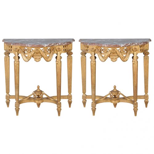Magnificent Pair of Italian Giltwood Consoles with Marble Tops : On ...