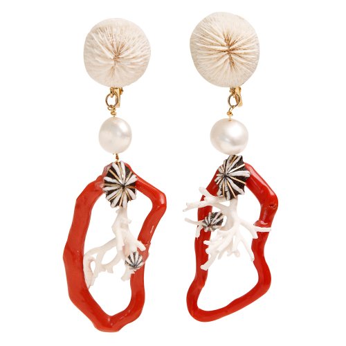 Pair of Red Coral Earrings with Pearls and 14 Karat Gold : On Antique ...
